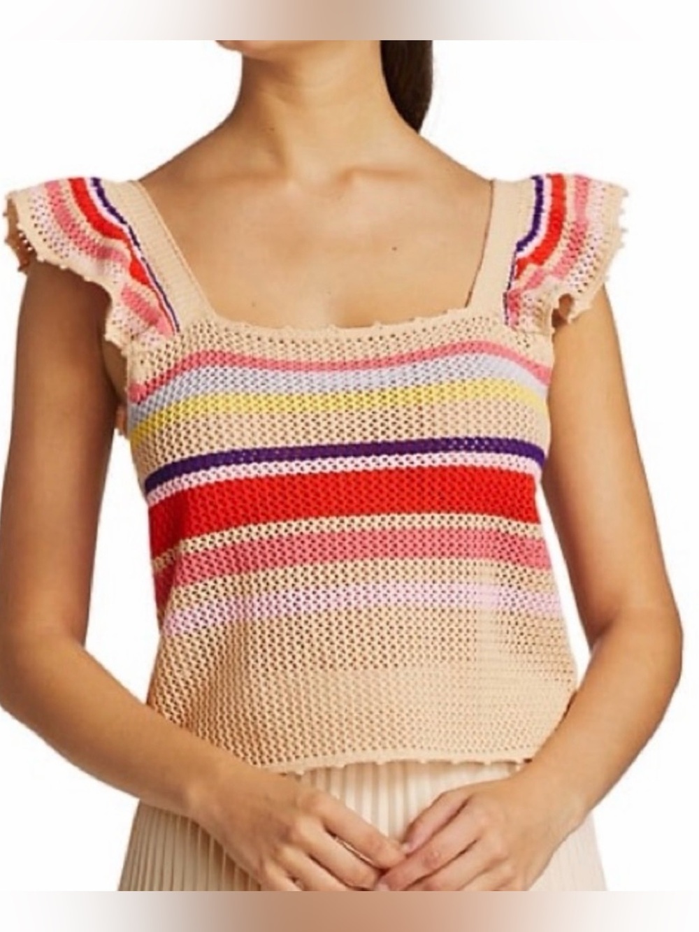 Rails Naomi Crochet Knit Striped Ruffle Tank Top Tan Multi Stripe